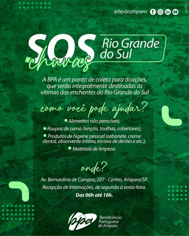 Beneficência Portuguesa de Amparo recebe doações para as vítimas do Rio Grande do Sul